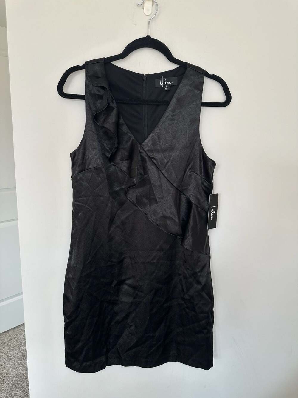 NWT Lulus Aubrianna Black Satin Ruffled Mini Dress Small